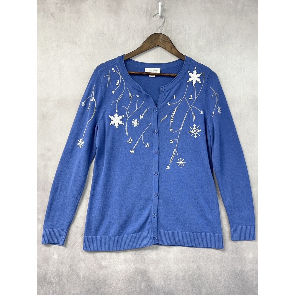 Christopher Banks Womens Snowflake Cardigan Size M Cotton Winter Après Ski Cozy